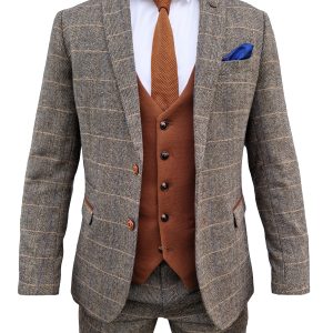 3-Delig Herenkostuum Marc Darcy Herringbone brown - Mix and Match