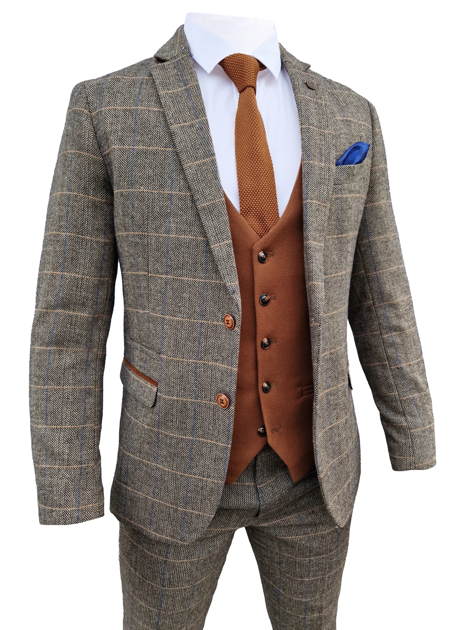 3-Delig Herenkostuum Marc Darcy Herringbone brown - Mix and Match - Afbeelding 4