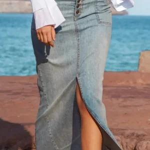 Long Denim Skirt Ruffled