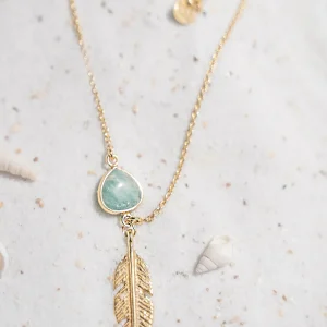 Single Necklace Feather Amazonite Gold/Aqua