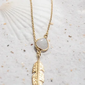 Single Necklace Feather Moonstone Gold/White