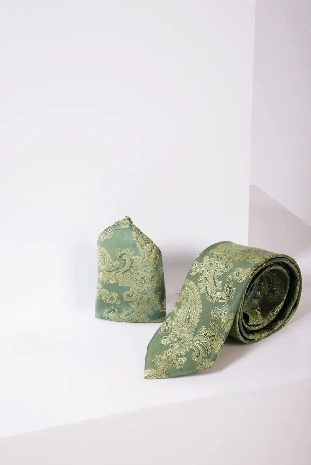 Marc Darcy Gentlemens set Green Paisley stropdas & pochet