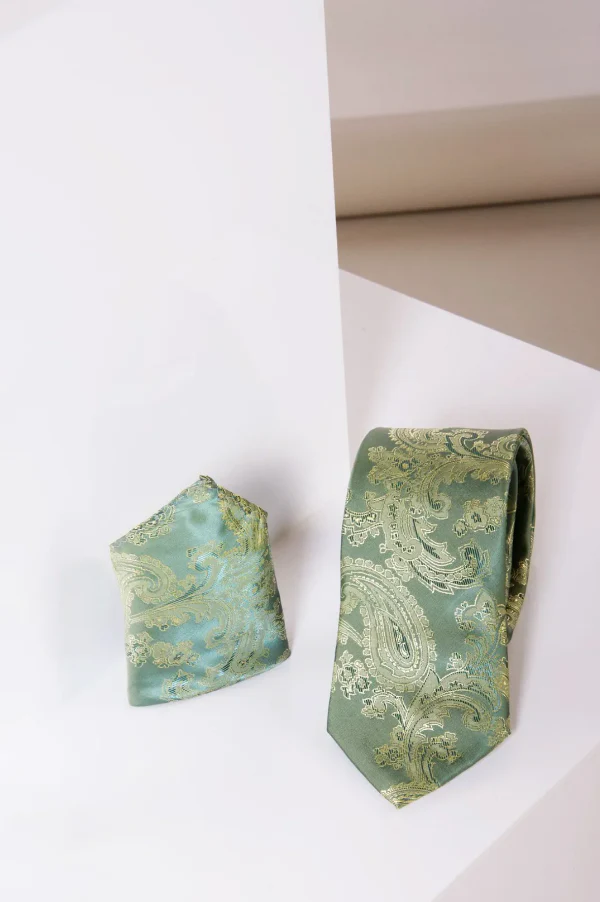 Marc Darcy Gentlemens set Green Paisley stropdas & pochet - Afbeelding 3