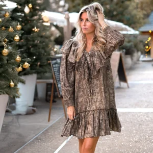Short Dress Ruffle Sparkle Taupe Gold
