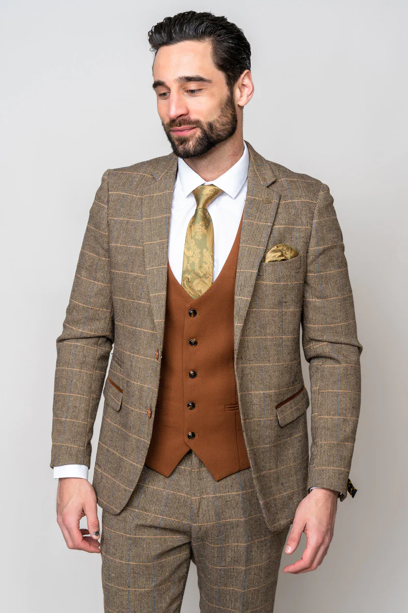 3-Delig Herenkostuum Marc Darcy Herringbone brown - Mix and Match - Afbeelding 3