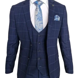 blauw heren pak - 3 delig geruit kostuum - Edison navy