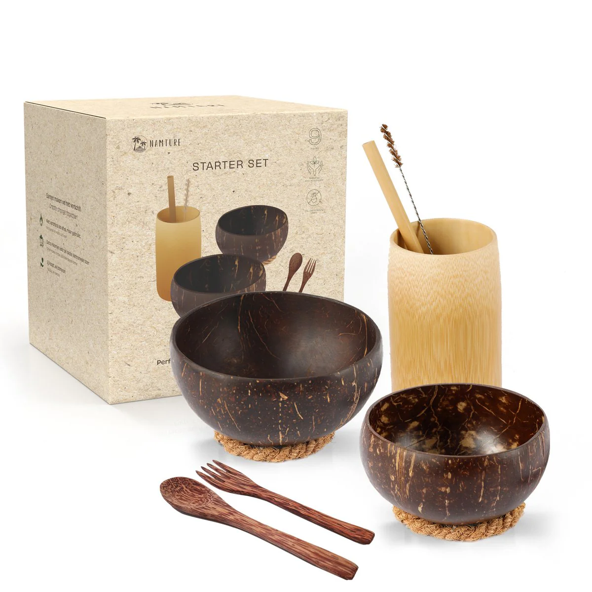 Starter Set Stijlvolle Coconut Bowl eetset (9 Delig) • Zero Waste • Duurzaam - Afbeelding 2