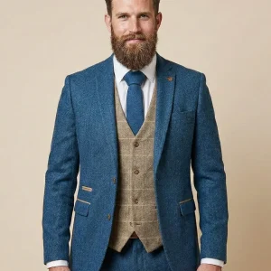 Driedelig pak Blauw/Bruin herribone