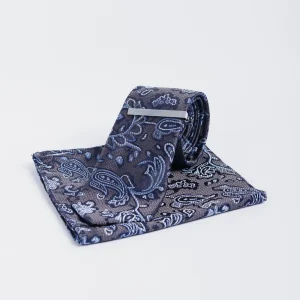 Cavani - Grey Navy Paisley Stropdas set