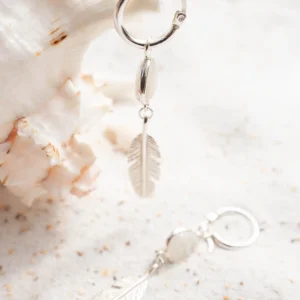 Earring Feather Moonstone Silver/White