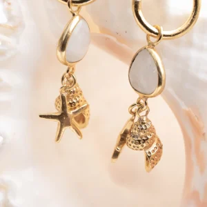 Earring Shell Star Moonstone Gold/White