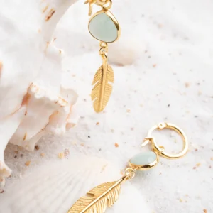 Earring Feather Amazonite Gold/Aqua