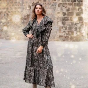 Long Dress Ruffle Sparkle Black Gold