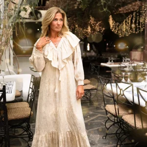 Long Dress Ruffle Sparkle Ecru Gold
