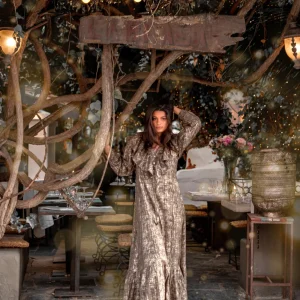 Long Dress Ruffle Sparkle Taupe Gold