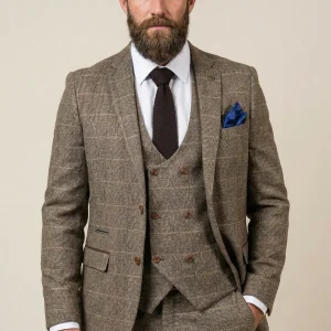 3-delig kostuum double breasted, Herringbone Brown Classic